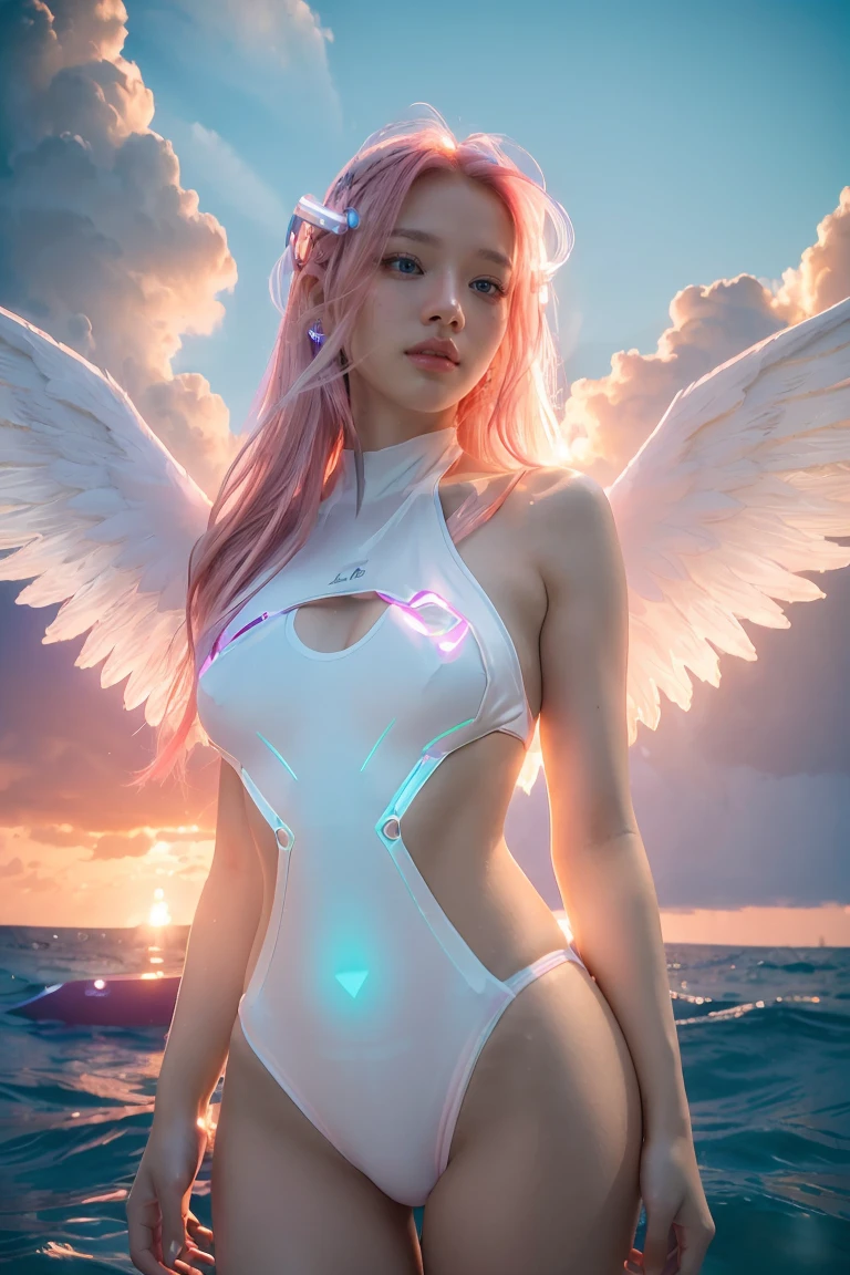 ((masterpiece, best quality, extremely detailed), volumetric lighting, ambient occlusion, colorful, glowing), 
1girl, solo, young girl, (pink hair), long hair, halo, aura, sacred, godness, swimmingsuit, (white outfit:1.3), android, bot, angel wings,
outdoors, sunset, sky, clouds, space, (cyberpunk theme:1.2),