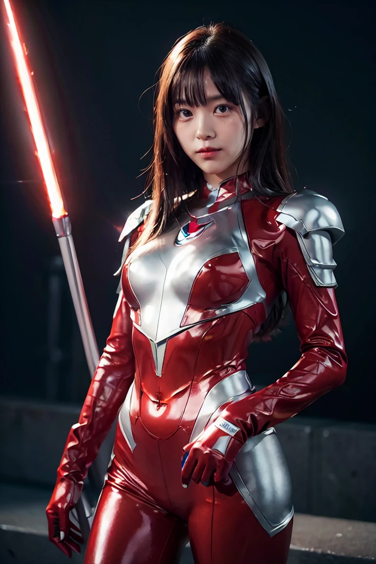 Ultraman、realistic、realistic、cinematic lighting, Girl in a shiny red and silver suit、、professional photos、Don&#39;Do not expose your skin, japanese model, japanese cgi、Ultraman Suit、, Power Rangers Suit、tight and thin cyber suit,Whole body rubbery、There&#39;s pink There、 delicate body, big breasts、small ass、thin thighs、thin arms、thin waist、camel toe、Both sides of the cyber suit stick to the skin、Big eyes、black short hair、facing the front、facing the front立っている、A glowing sphere is embedded in the chest.、Essay Examination、 blue sky background