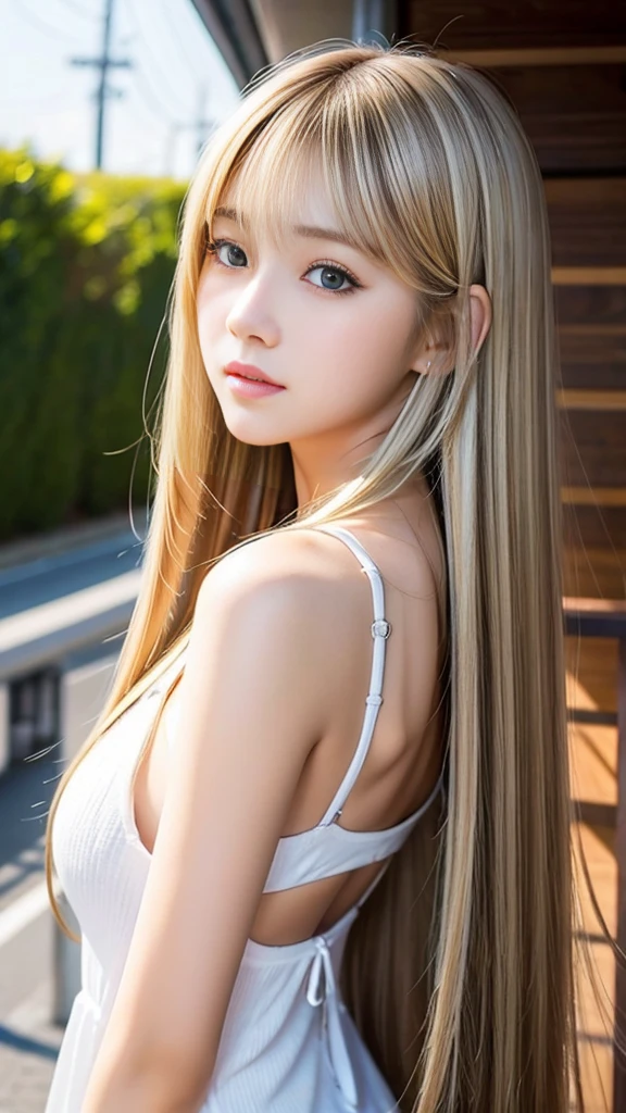 Sexy Big 、Sexy cute looks and cute 15 year old beautiful girl, beautiful and sexy face、A strong wind blows my hair in front of my face、length, Metallic blonde straight hair、beautiful, Cute and sexy eyes hidden behind long bangs