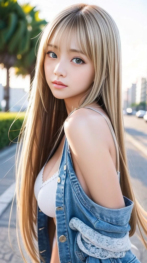 Sexy Big 、Sexy cute looks and cute beautiful girl, beautiful and sexy face、A strong wind blows my hair in front of my face、length, Metallic blonde straight hair、beautiful, Cute and sexy eyes hidden behind long bangs