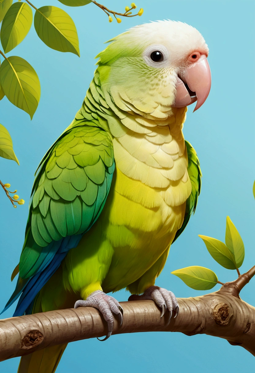 Create an anime-style illustration of a Lutino Quaker parrot (Monk parakeet) with distinctive coloring: the upper half of its head down to its belly should be white, while the rest of its body is bright yellow. The parrot should have big, expressive eyes and a cute, playful expression. Depict the parrot in a fun and lively pose, perhaps perched on a tree branch or interacting with a toy. The background should be colorful and vibrant, featuring a cheerful and sunny natural setting with lush greenery and a clear sky. The overall art style should be similar to that of popular Japanese animators, with attention to detail and a focus on the bird's adorable and social personality.