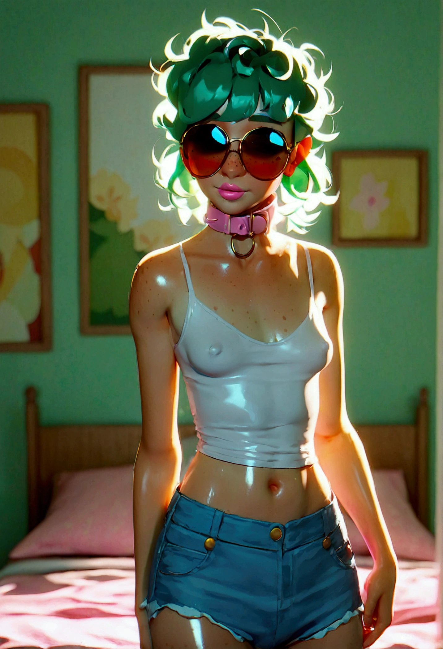 score_9, score_8_up, score_7_up, 1980's style, lum, 1girl, 18 years old, solo, ((freckles)), body freckles, cute, aviator sunglasses, medium perky breasts, college, (dramatic lighting), ((semi realistic)), cute girl, round face, shiny skin, sweaty, blush, blushing, blue eyes, green hair, messy hair, makeup, pink lipstick. Clothes: pink collar, pink sneakers, thigh high pink striped socks, very long socks, thigh socks, tight blue jean shorts with frayed edges, cut off blue jean shorts, tiny shorts, tight white cropped t shirt, tight shirt, strained shirt, nipple indentations, dressed slutty, showing lots of skin. Background: girly bedroom, standing next to bed. Pose: standing, leaning forward, dynamic posing, facing away, showing butt to viewer, Expressiveh. JK. holding cake, quarter of cake missing, cream on mouth, expression of shame and surprise