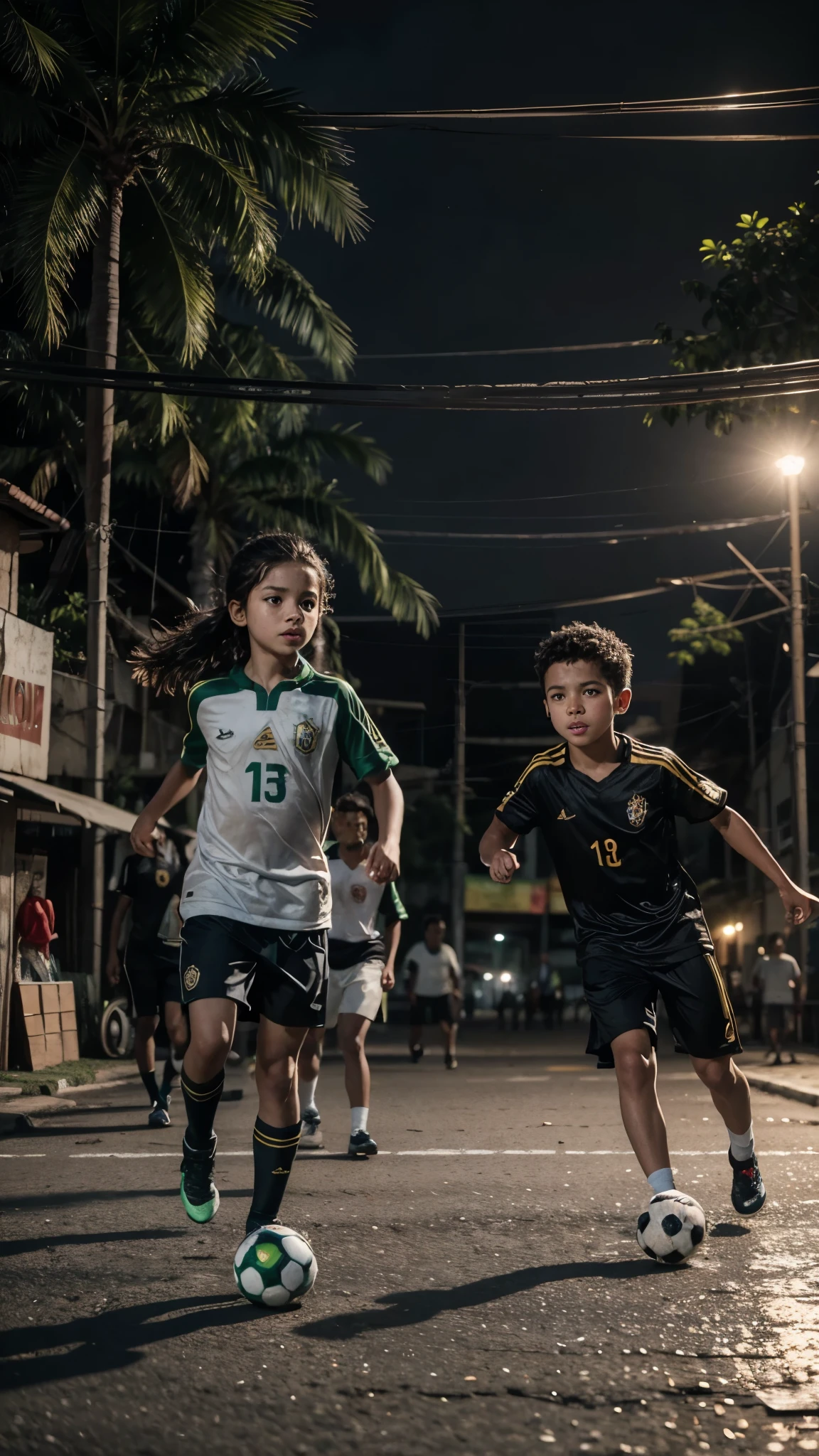 brazilians kids playing soccer in the street, high detail, cinematic lighting, UHD, textured skin, super detail, high details, 4K, 1080P, highres