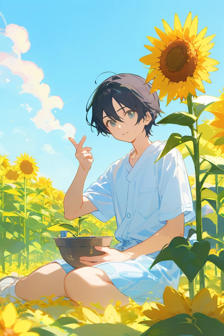 Painting of a boy sitting in a flower bed, 1boy, coronation of Prince of Flowers, Official Anime Artwork, Prince of Flowers, scene : Sunflower field, scene: Sunflower field, bright summer day, Poster ; summer, Official artwork, Yellow sunshine, shigenori soejima illustration, Beautiful sunflower anime girl, Anime Cover, Bright sunny day
