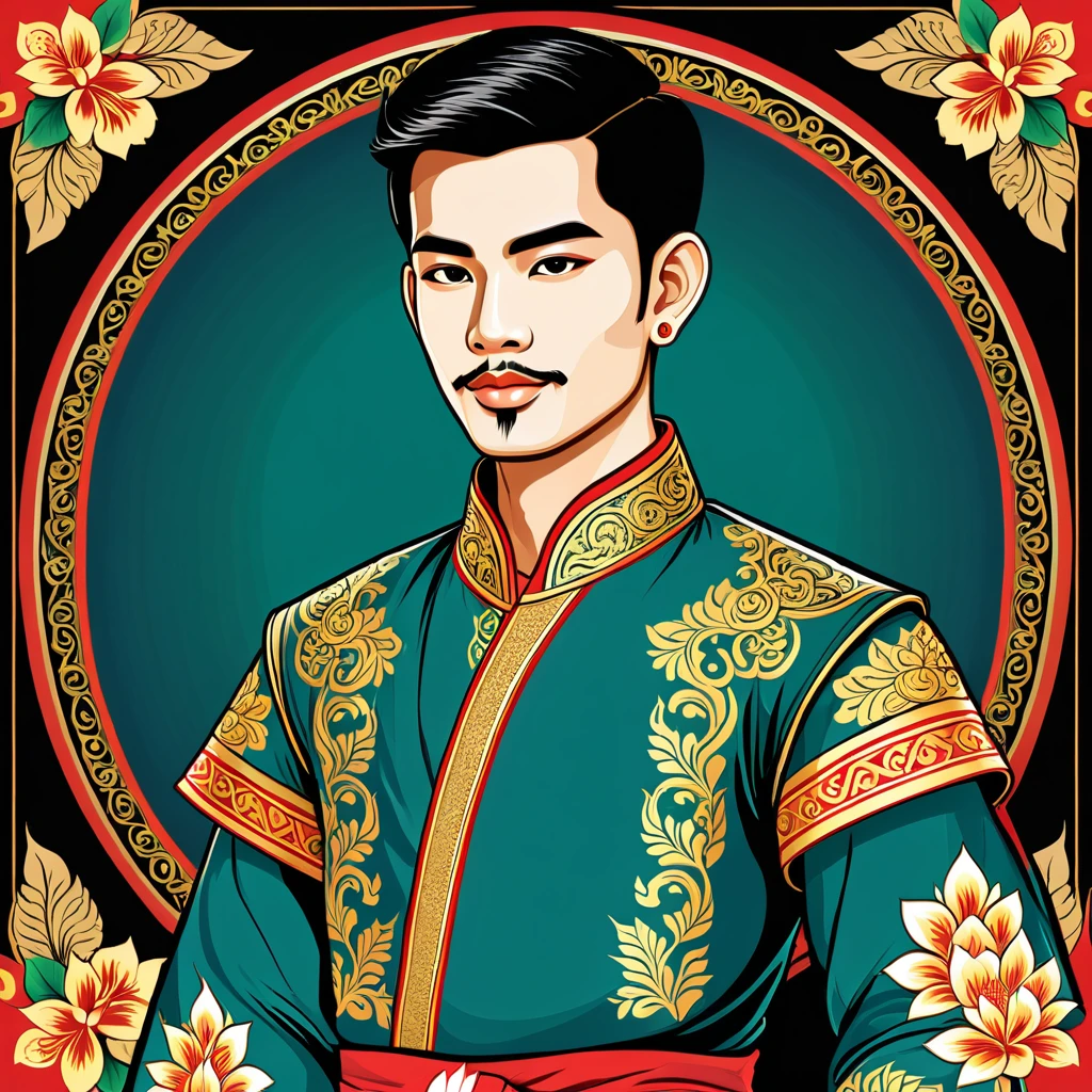 man in thai folk outfit, vector graphics, strong contours