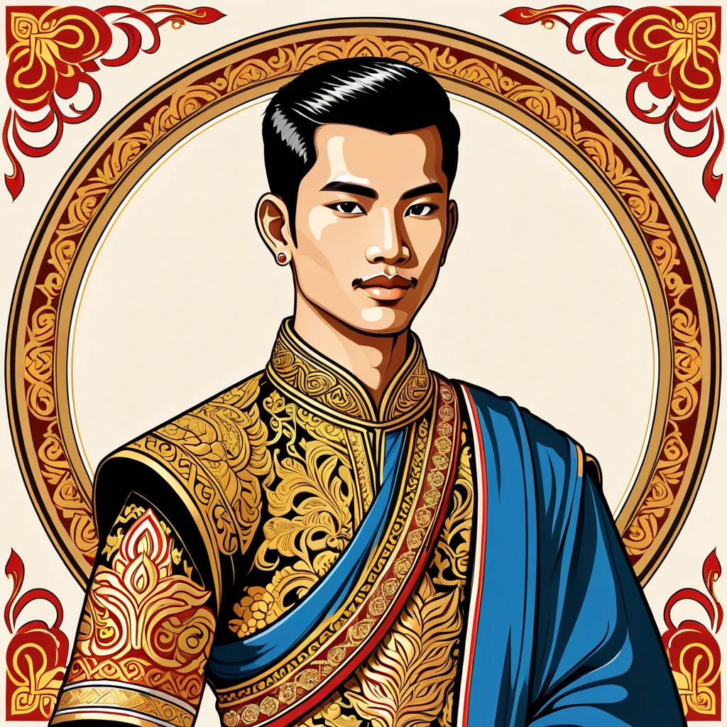 man in thai folk outfit, vector graphics, strong contours