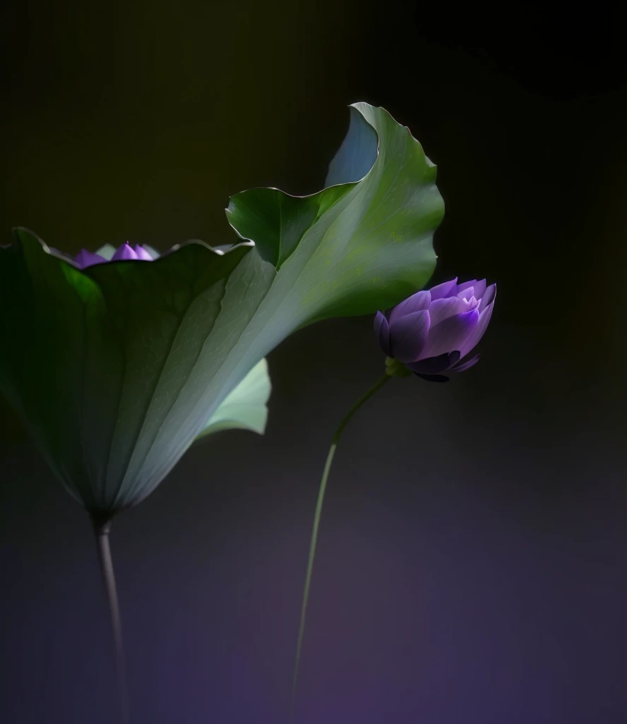 Purple flowers blooming in a dark room，The background is black, Paul Batson, lotus, Surreal Waizi Flowers, lotus瓣, Glowing delicate flowers, blue and purples and greens, purples and greens, by Xie Shichen, Green and purple, lotus, by Liang Kai, author：Shi Rui, author：Stefan Lochner, author Shang Xi