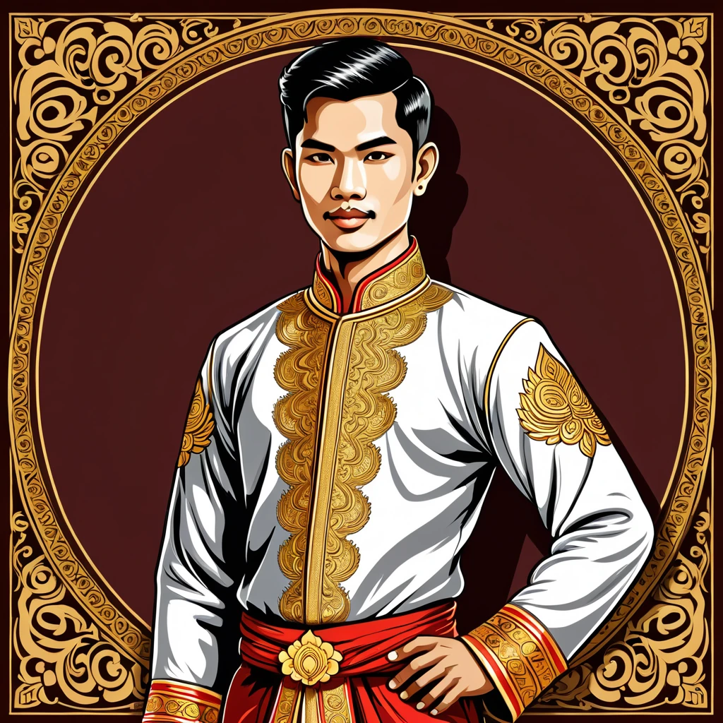 man in thai folk outfit, vector graphics, strong contours
