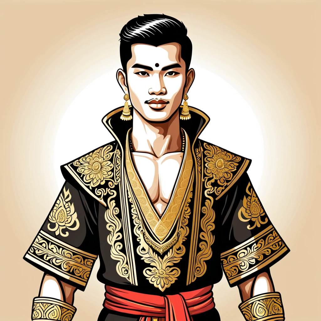 man in thai folk outfit, vector graphics, strong contours
