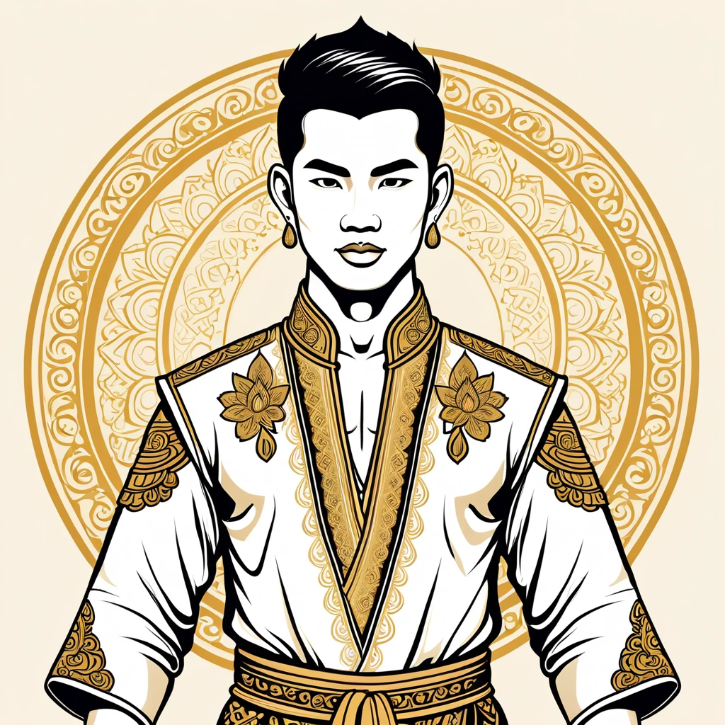 man in thai folk outfit, vector graphics, strong contours