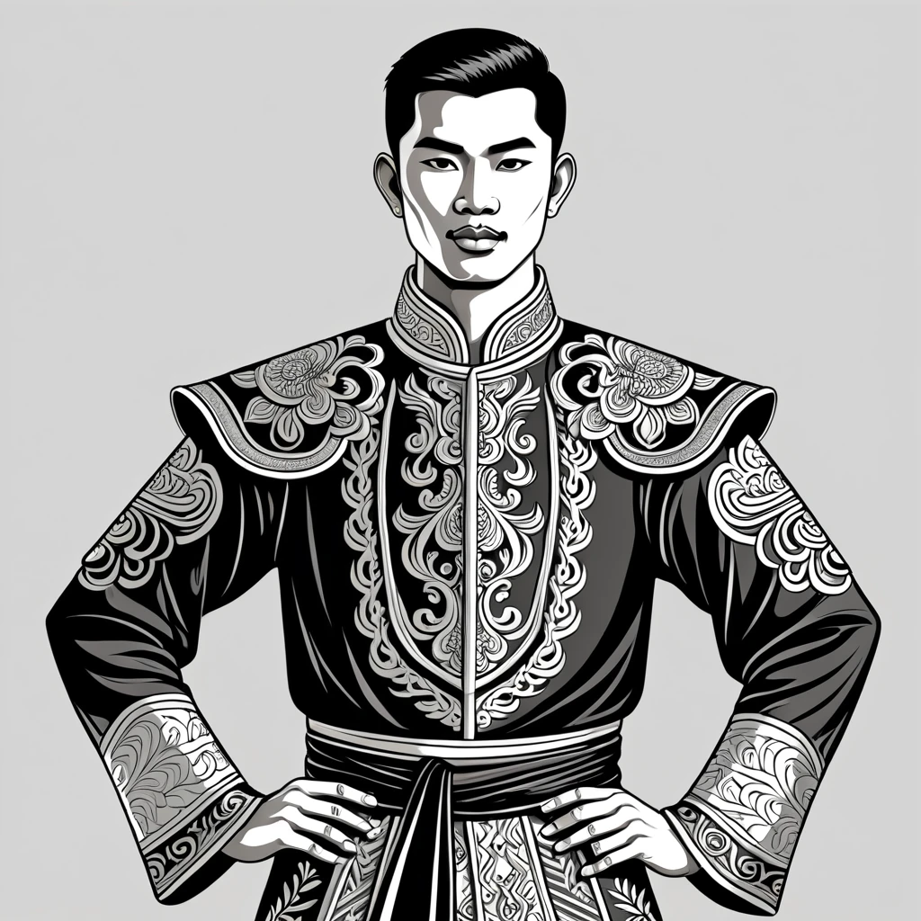 man in thai folk outfit, vector graphics, strong contours
