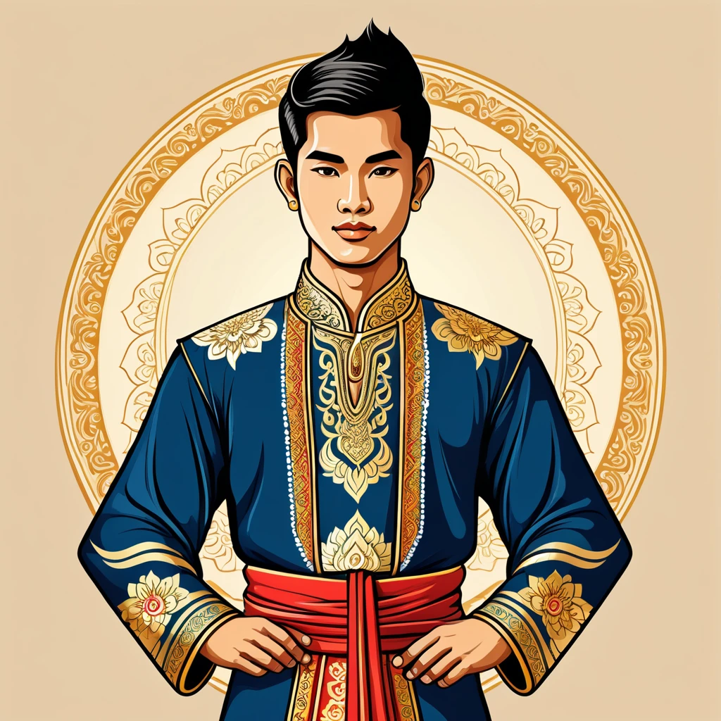 man in thai folk outfit, vector graphics, strong contours
