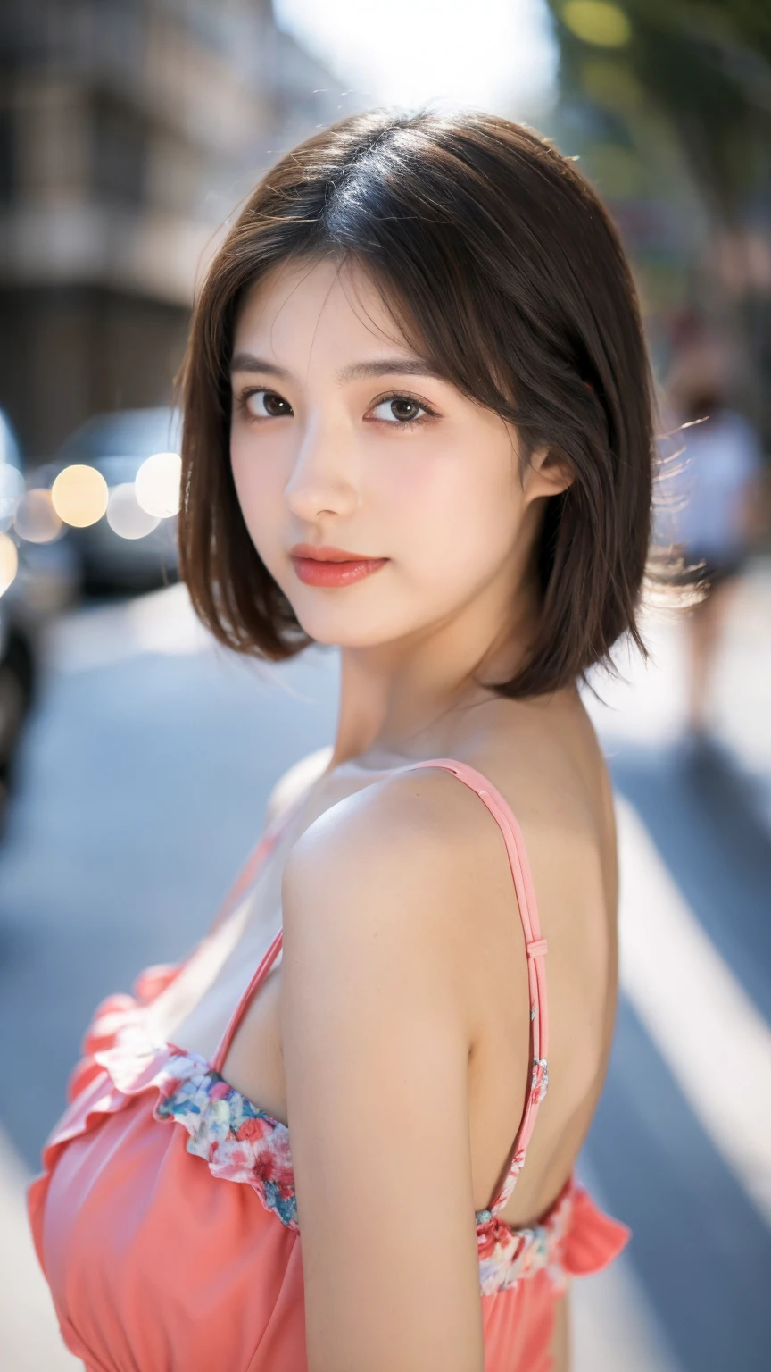 ((Best quality, 8k, masterpiece:1.3)),1girl,18 years old,Asian,Real texture:1.3,(Background blur:1.1),Dress Up,Tall and slender figure:1.2,(Hot summer weather),(street:1.3),Highly detailed face and skin textures,Exquisite eyes,Long eyelashes,Double eyelids,Skin Whitening,happy,Various postures,Breast