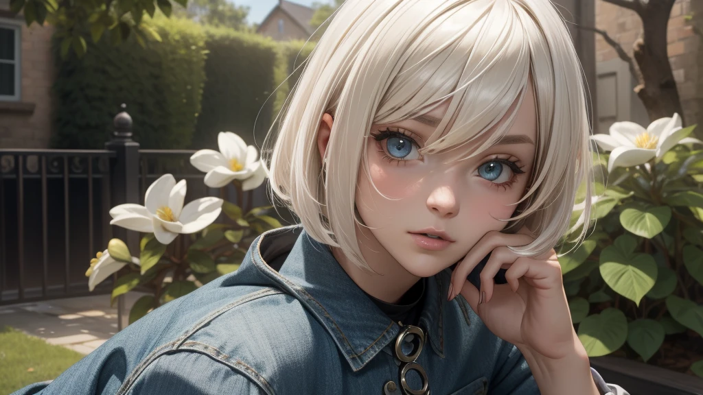 score_9, score_8_up, score_7_up, rating_explicit, Expressiveh, best quality, masterpiece, (reelmech:1.5), pretty 1girl, absurdres, 8k, uhd, platinum blonde hair, bob cut, medium breasts, black tshirt, denim shorts, garden background, flowers, magnolias, apple tree, close up portrait