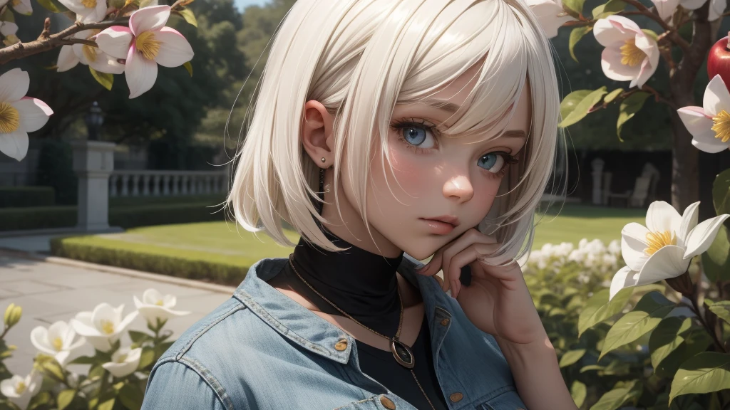 score_9, score_8_up, score_7_up, rating_explicit, Expressiveh, best quality, masterpiece, (reelmech:1.5), pretty 1girl, absurdres, 8k, uhd, platinum blonde hair, bob cut, medium breasts, black tshirt, denim shorts, garden background, flowers, magnolias, apple tree, close up portrait