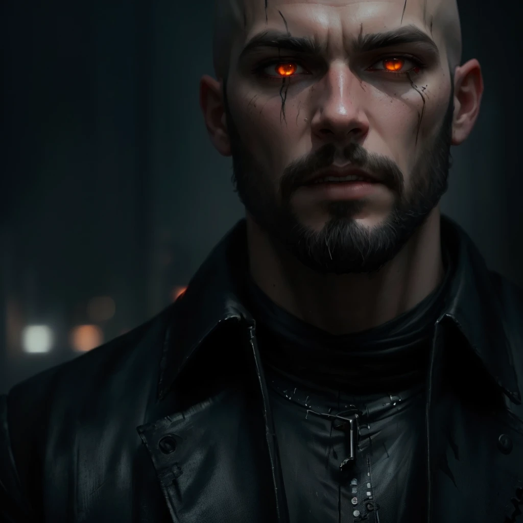 male, bald,scruffy black beard,fire eyes, pale skin, vampire, singing, fantasy art,epic portrait illustration, cinematic realistic , feeding at night , portrait, realistic digital art 4 k, realistic digital art 4k, cinematic digital painting, ultra realistic concept art, very detailed digital painting, 4k concept art and hyper realism, cyberpunk art ultrarealistic 8k, emotional concept art, vampire