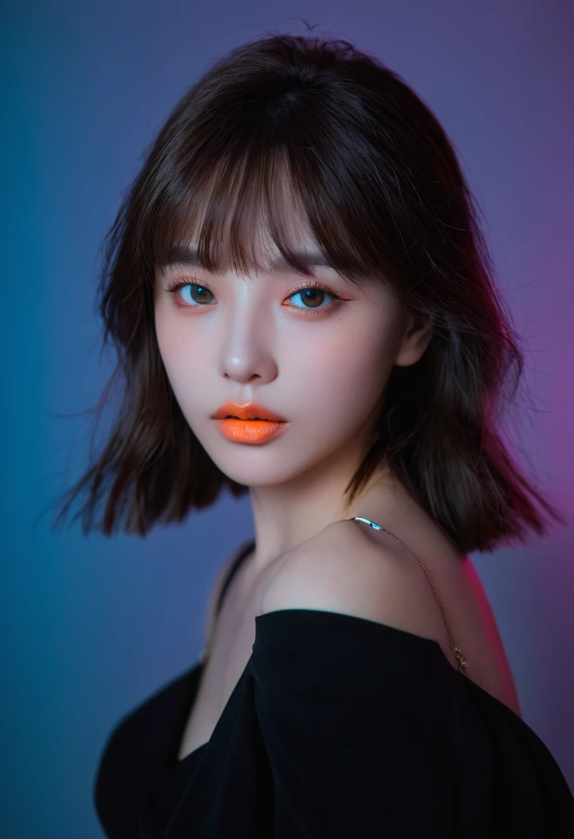 8k, best quality, 1 Girl, (Skin Indentation), night, (dark), Indoor clear background, (people), Beautiful bangs, Gorgeous,, (Clothing and:1.3),Soft lighting, attractive, dark Room, (mouth close:1.2, beautiful eyes, Delicate eyes, Detailed iris, Beautiful lips, Beautiful nose, Pretty Face),(primary color:1.5)，(Ambient Light:1.5)，(Neon light:1.8),(Radioluminescence:1.3)