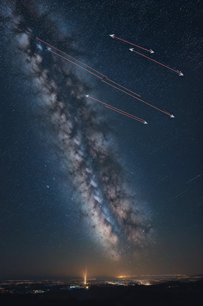 In the starry sky, a number of equally spaced arrow beams are pointing high into the sky from the ground, and the arrows push up higher and higher towards the right, like a graph that rises to the right.