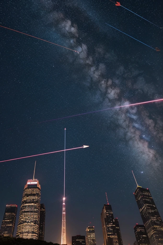 In the starry sky, a number of equally spaced arrow beams are pointing high into the sky from the ground, and the arrows push up higher and higher towards the right, like a graph that rises to the right.
