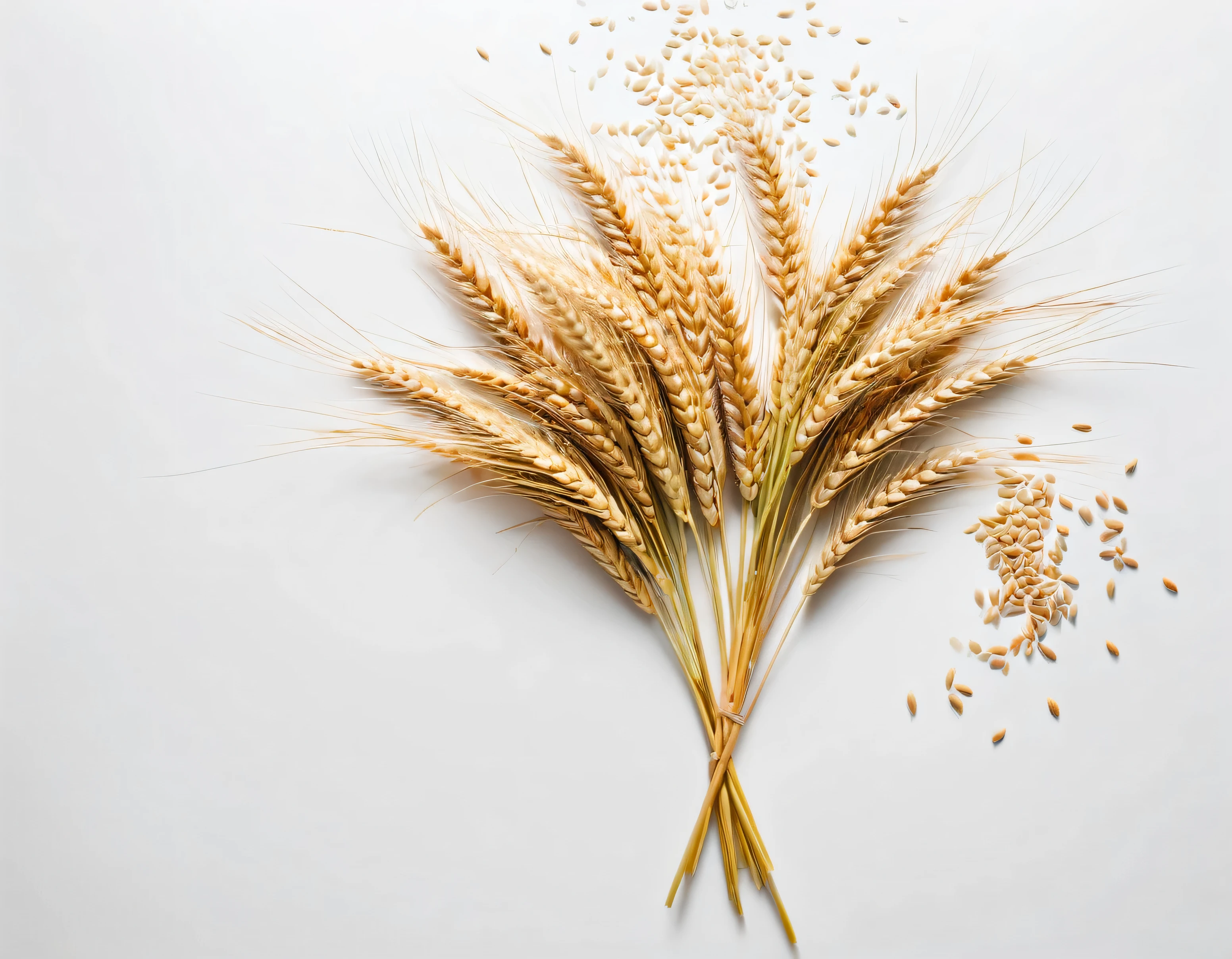 white background, stalks and grains of wheat scattered across the corners of a white background