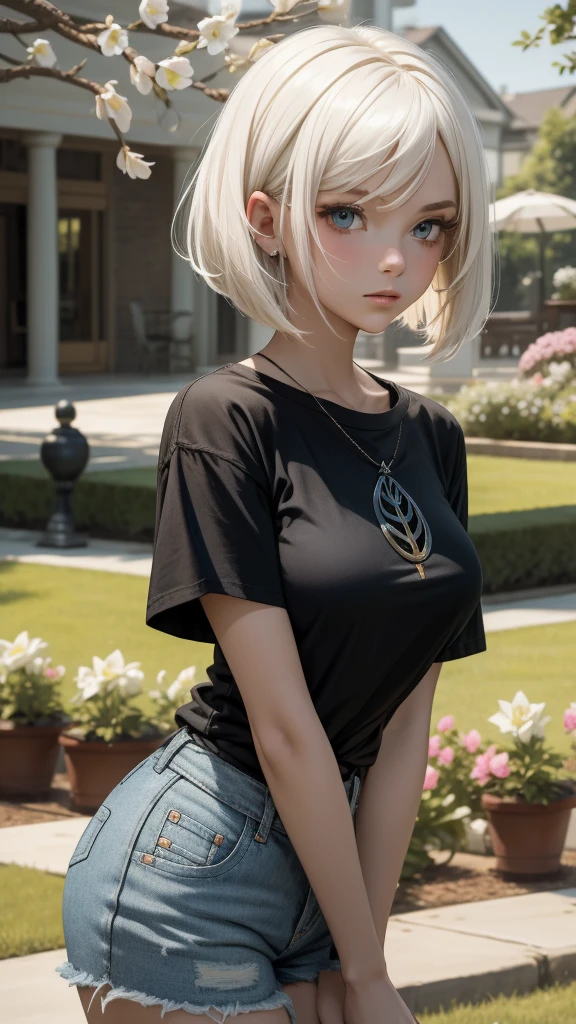 score_9, score_8_up, score_7_up, rating_explicit, Expressiveh, best quality, masterpiece, (reelmech:1.5), pretty 1girl, absurdres, 8k, uhd, platinum blonde hair, bob cut, medium breasts, black tshirt, denim shorts, garden background, flowers, magnolias, apple tree, close up portrait