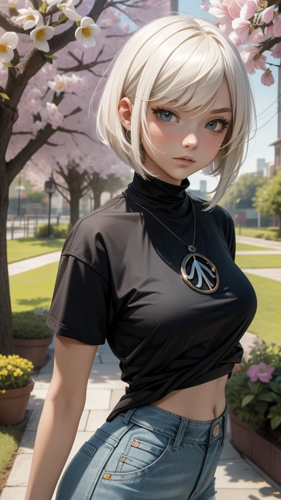 score_9, score_8_up, score_7_up, rating_explicit, Expressiveh, best quality, masterpiece, (reelmech:1.5), pretty 1girl, absurdres, 8k, uhd, platinum blonde hair, bob cut, medium breasts, black tshirt, denim shorts, garden background, flowers, magnolias, apple tree, close up portrait