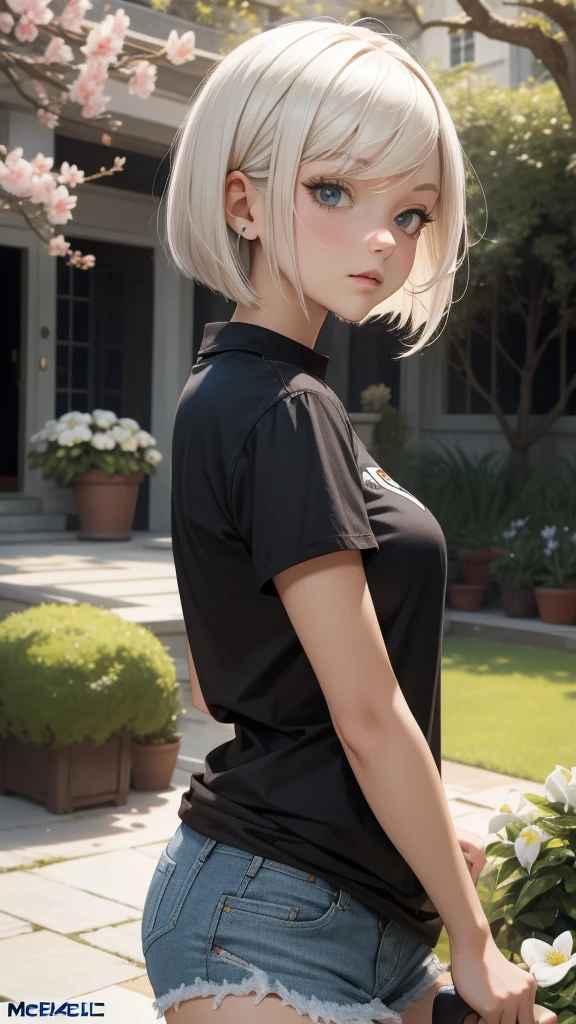 score_9, score_8_up, score_7_up, rating_explicit, Expressiveh, best quality, masterpiece, (reelmech:1.5), pretty 1girl, absurdres, 8k, uhd, platinum blonde hair, bob cut, medium breasts, black tshirt, denim shorts, garden background, flowers, magnolias, apple tree, close up portrait