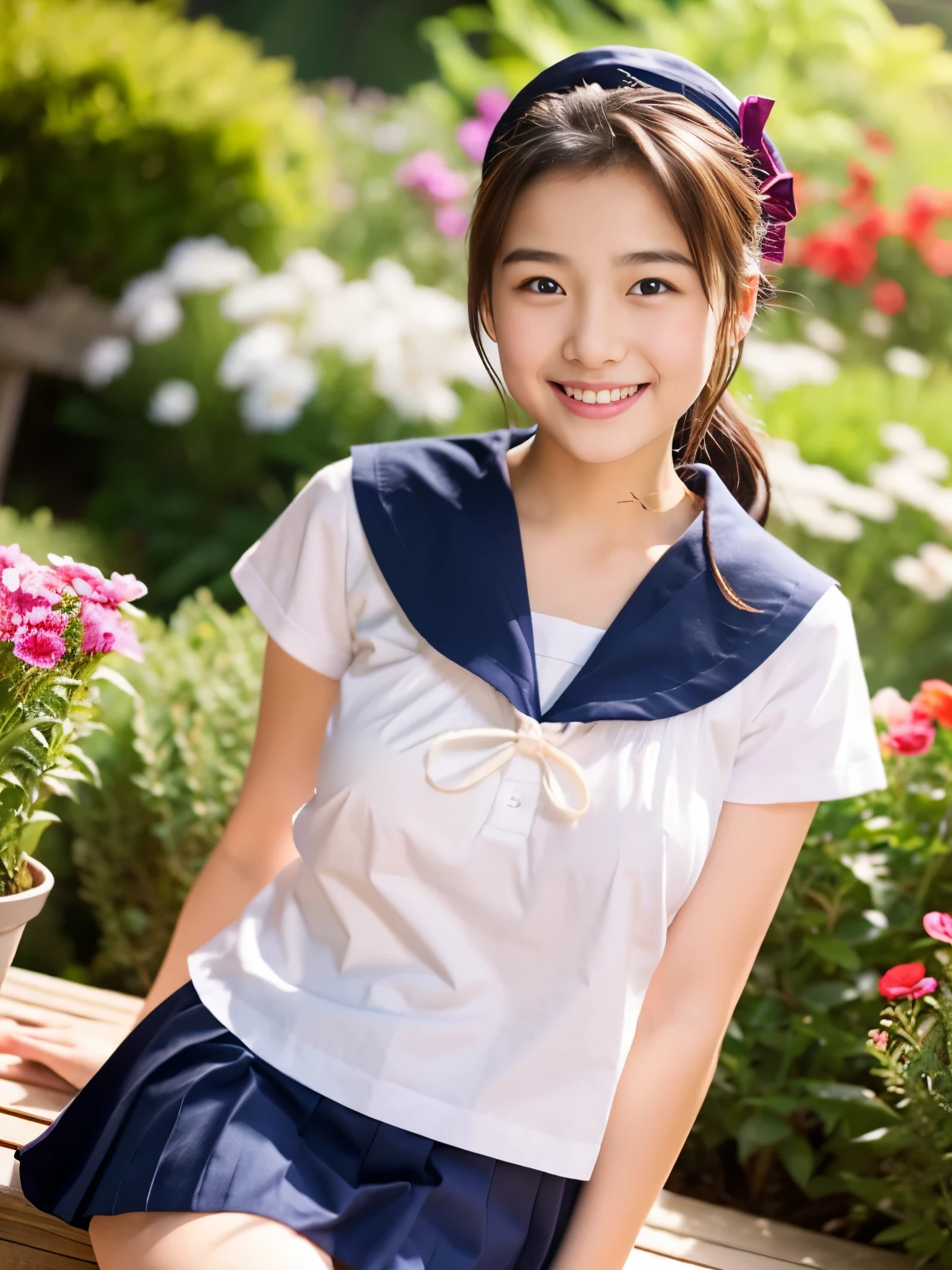 Beautiful woman、 、Upper Body、Waist、thigh、Lady、80mm lens、Highest quality、(Small breasts)、Small breasts、Small Breasts、Are thin、garden、smile、Sailor suit、beautiful girl、ponytail