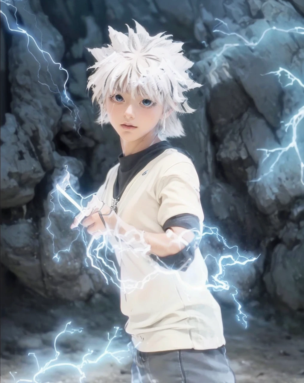 ( KILLUA_HUNTER X HUNTER),((realistic, photorealistic)),(highlight hair)), Light reflection, (( HD )),((upper body)), (((best quality, masterpiece))), (masterpiece) (best quality) (detail) (8k) (HDR) (wallpaper) (cinematic lighting) (sharp focuasterpiece, best quality: 1.1), Real life adaption of this character, realistic outfit, realistic shadow, realistic light, realism, hyper realistic, realistic background,realistic hair,(photorealistic:1.2), (masterpiece: 1.2), (best quality: 1.3), (clear details: 1.3), ((((ultra-detailed)))), ((detailed eyes)), (extremely detailed face:1.4), (highly detailed eyelash:1.6), highly detailed eyes, sharp details, high contrast, (shiny skin), 1boy, lightning, black_shorts,  white_hair, whole_body, white_background, simple_background, thick_outlines, blonde_hair, solo, standing, Stone wall background, blue lightning, blue glow, smoke,