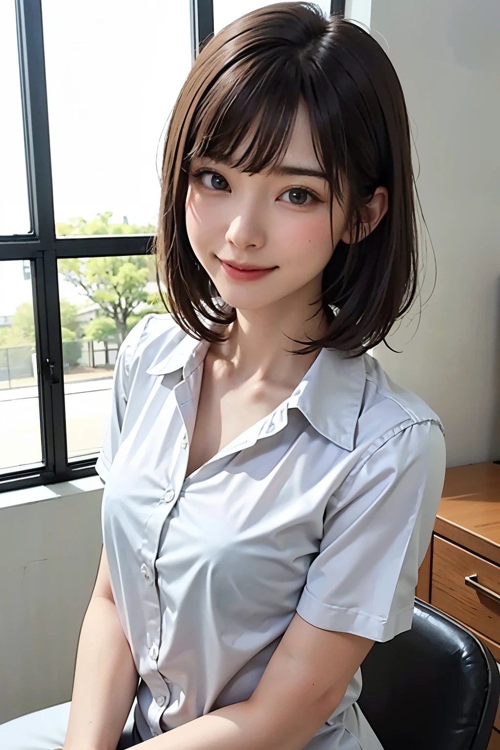 (High resolution、High resolution、high quality、High resolution、すべてをHigh resolutionで描画する)、Vivid crystal light blue eyes、Very small diamond-shaped earrings、Look straight at the camera、Listen carefully、light in your eyes、Beautiful very short black hair、Beautiful hair with beautiful and very short bangs、Straight beauty Bang、Beautiful neckline、Beautiful 28 years old、Lip gloss、Long neck、smile、Beautiful teeth alignment、beauty、Beautiful woman、Pure white open-collar business shirt、{Huge|big|Hugeな|Mega} chest, chestの谷間, chest元が開いた純白のビジネスシャツ、Lengthen the left and right ends of your bangs、Beautiful composition、Roll up the sleeves of a long-sleeved business shirt:1.4、Beautiful Supermodel、Naked from the waist up
