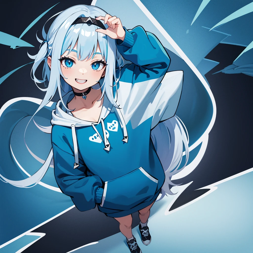 Gawr gura from hololive, wearing a blue super oversized hoodie, blue shark tail, 4k, flat chest,  girl, standing, super cute, smiling, MeinaMix, white and blue hair at the and of the tip, blue trident, big shark mouth design hoodie