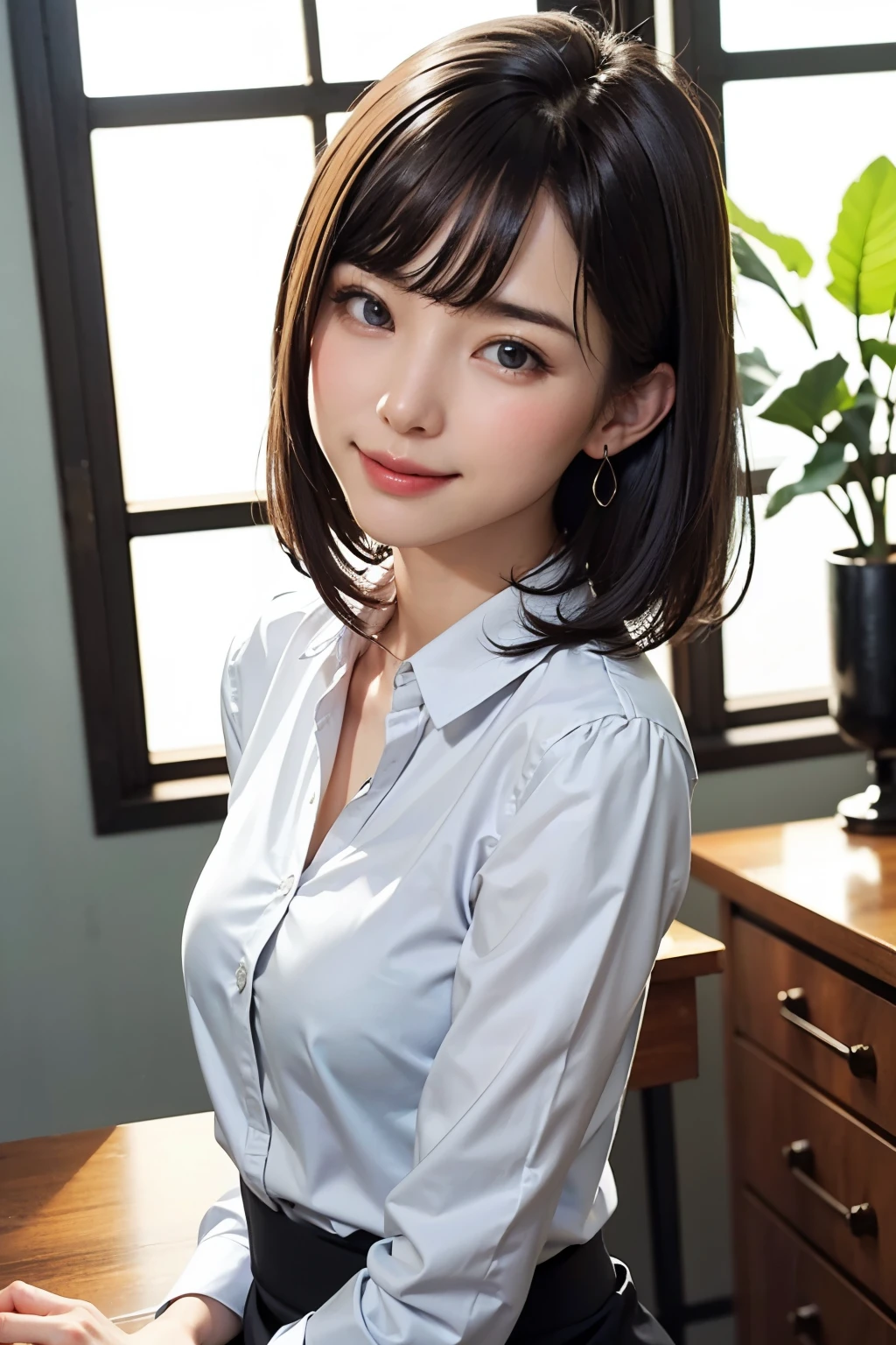 (High resolution、High resolution、high quality、High resolution、すべてをHigh resolutionで描画する)、Vivid crystal light blue eyes、Very small diamond-shaped earrings、Look straight at the camera、Listen carefully、light in your eyes、Beautiful very short black hair、Beautiful hair with beautiful and very short bangs、Straight beauty Bang、Beautiful neckline、Beautiful 28 years old、Lip gloss、Long neck、smile、Beautiful teeth alignment、beauty、Beautiful woman、Pure white open-collar business shirt、{Huge|big|Hugeな|Mega} chest, chestの谷間, chest元が開いた純白のビジネスシャツ、Lengthen the left and right ends of your bangs、Beautiful composition、Roll up the sleeves of a long-sleeved business shirt:1.4、Beautiful Supermodel、Naked from the waist up