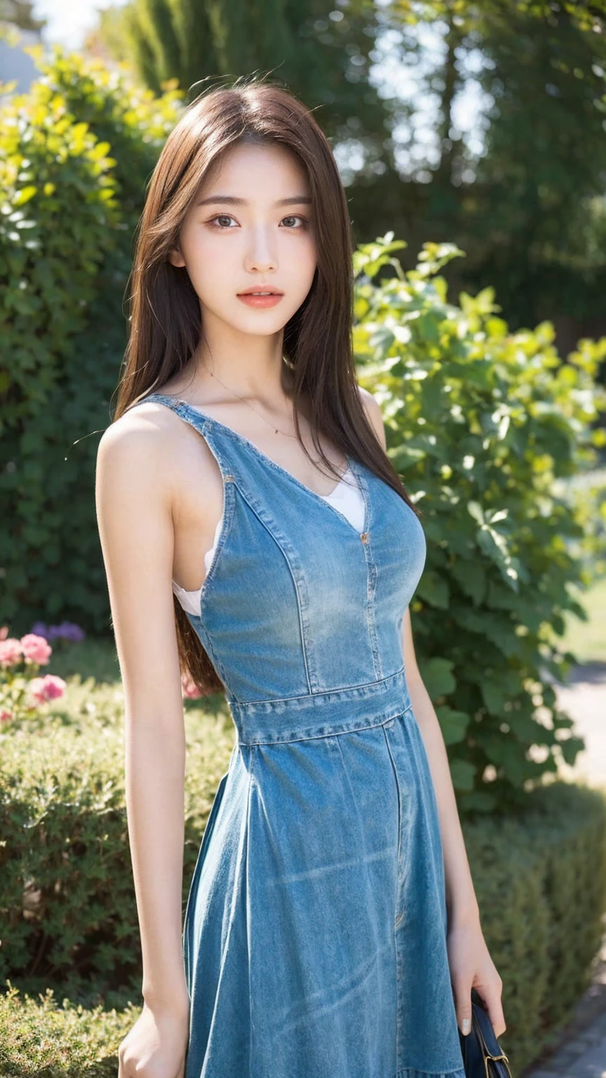((Best quality, 8k, masterpiece:1.3)),1girl,18 years old,Asian,Real texture:1.3,(Background blur:1.3),Dress Up,Tall and slender figure:1.2,(Hot summer weather),(garden:1.3),Highly detailed face and skin textures,Exquisite eyes,Long eyelashes,Double eyelids,Skin Whitening,happy,Breast