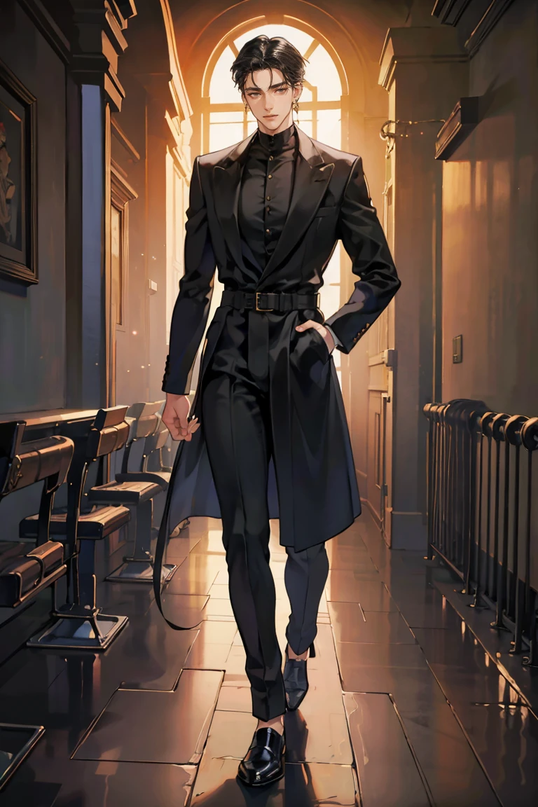 (masterpiece), best quality, seductive eyes, perfect face, handsome man, black eyes, long slicked back black hair, long nose, tan brown skin, black coat, black fitted pants, extremely tall man, long legs, long calves, full body, tall man, long legs, anime cover, 1boy, ear piercings, hands in pockets, adult-like look, cafe background
