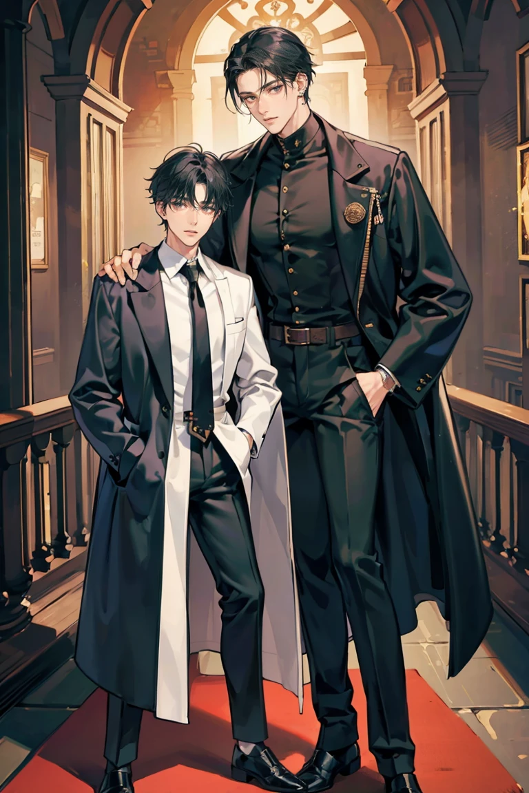 (masterpiece), best quality, seductive eyes, perfect face, handsome man, black eyes, long slicked back black hair, long nose, tan brown skin, black coat, black fitted pants, extremely tall man, long legs, long calves, full body, tall man, long legs, anime cover, 1boy, ear piercings, hands in pockets, adult-like look, cafe background
