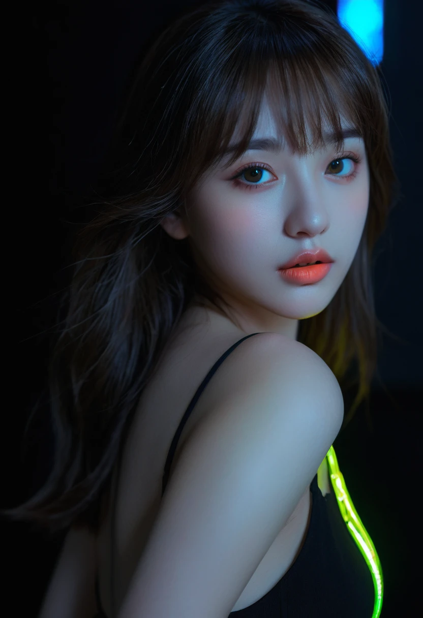 8k, best quality, 1 Girl, (Skin Indentation), night, (dark), Indoor clear background, (people), Beautiful bangs, Gorgeous,, (Clothing and:1.3),Soft lighting, attractive, dark Room, (mouth close:1.2, beautiful eyes, Delicate eyes, Detailed iris, Beautiful lips, Beautiful nose, Pretty Face),(primary color:1.5),(Ambient Light:1.5),(Neon light:1.8),(Radioluminescence:1.3)