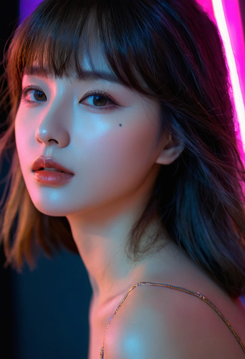 8k, best quality, 1 Girl, (Skin Indentation), night, (dark), Indoor clear background, (people), Beautiful bangs, Gorgeous,, (Clothing and:1.3),Soft lighting, attractive, dark Room, (mouth close:1.2, beautiful eyes, Delicate eyes, Detailed iris, Beautiful lips, Beautiful nose, Pretty Face),(primary color:1.5)，(Ambient Light:1.5)，(Neon light:1.8),(Radioluminescence:1.3)