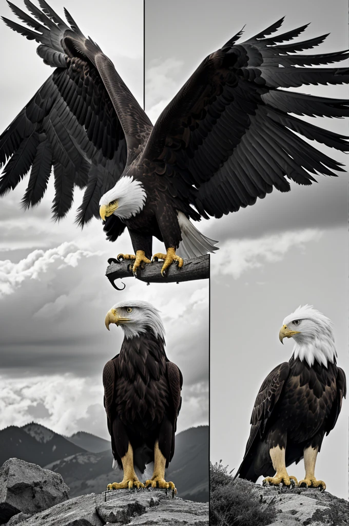 Split the image into two parts.A black and white eagle on the left,May the eagle stand so majestically.On the right of the picture is a majestic lion