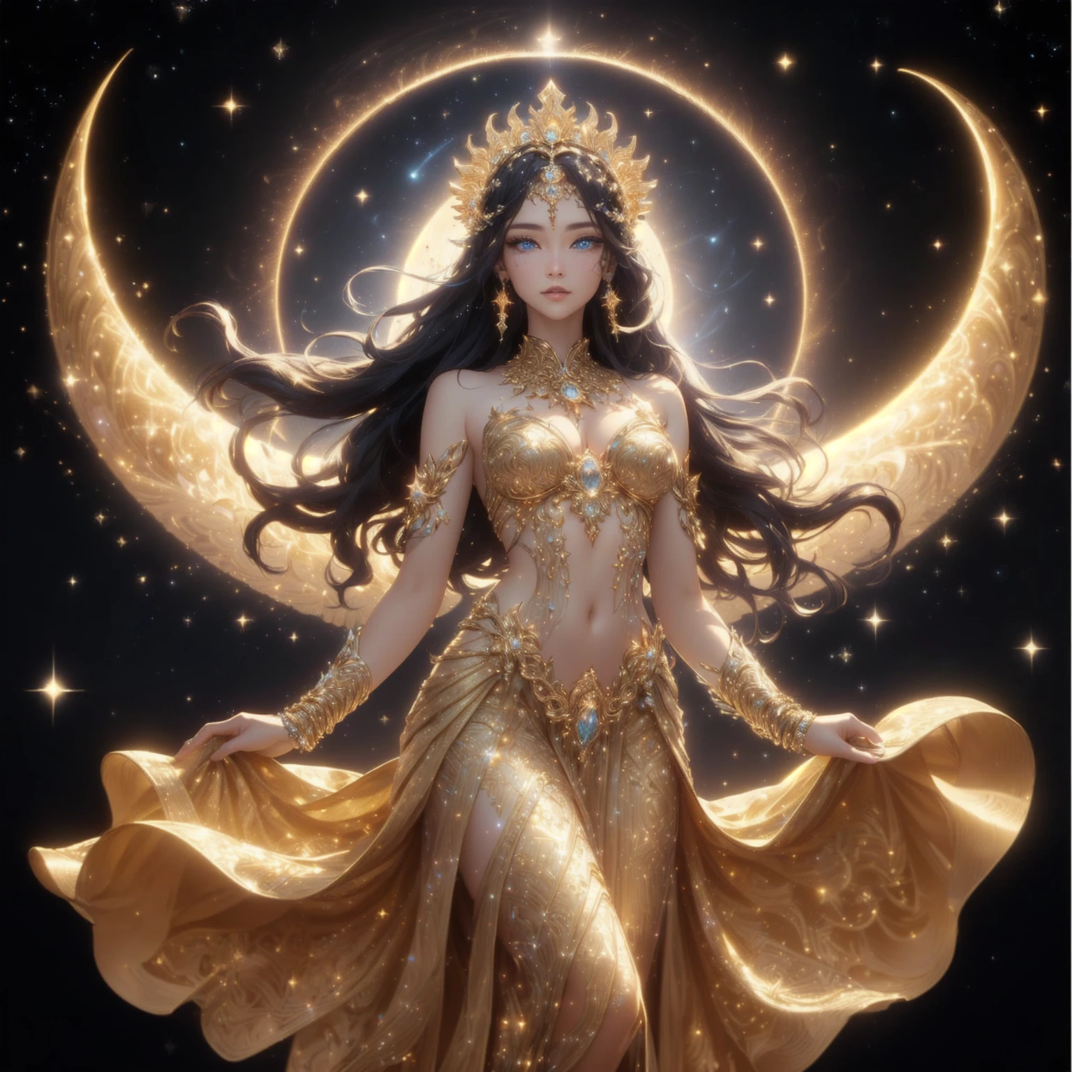 A woman in a golden dress stands in front of a starry sky., celestial goddess, beautiful heavenly mage, gorgeous goddess of leo, Argerm Julie Bell Beeple, goddess of light, moon goddess, as the goddess of the sun, , goddess. Very high detail, goddess of the sun, lunar goddess , Saw the navel. , star background , , , blue eyes , thigh , ประดับthighสีทองวิจิตร , gold anklet , , high definition , high resolution , The set is filled with cosmic energy. , เครื่องประดับthighสีทองวิจิตร