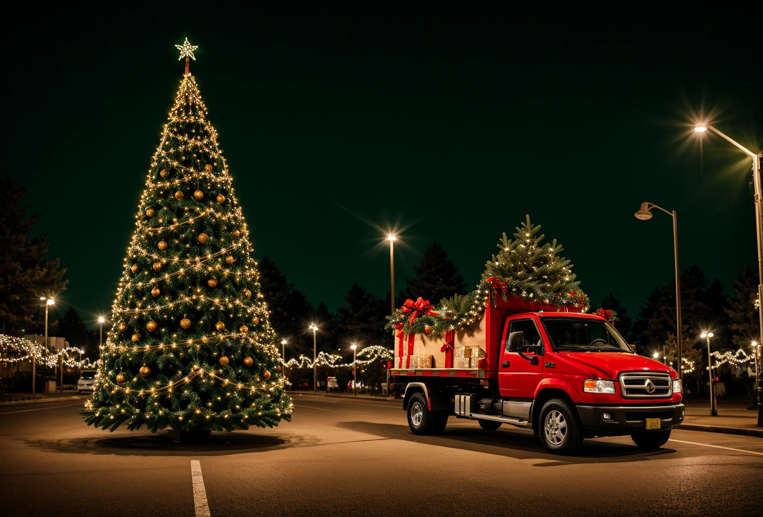 Green Christmas pine tree background，Street Lights，Red Christmas gift truck，wreath，Professional photography background