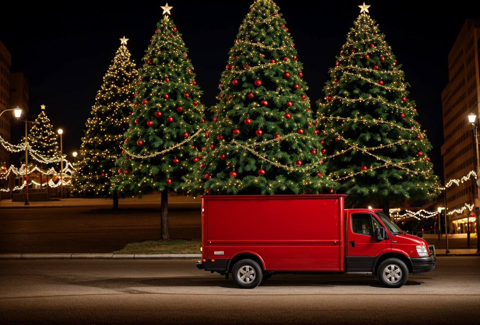 Green Christmas pine tree background,Street Lights,Red Christmas gift truck,wreath,Professional photography background