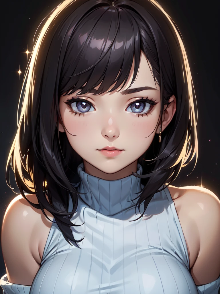 (((Portrait Photo))), She has a Calm and Youthful 15-Year-Old Appearance, with a Strong, Chubby Build, Thick Breasts, and a Gentle Demeanor. She has Short, Black and Tousled Hair, with Messy Strands Framing Her Face. Her Light Gray Eyes Sparkle with Warmth and Kindness, Exuding a Friendly Attitude. She Wears a Light Sweater with Bare Shoulders and Loose Sleves. (((High Quality, Dark Background))), (((Portrait Photo)))