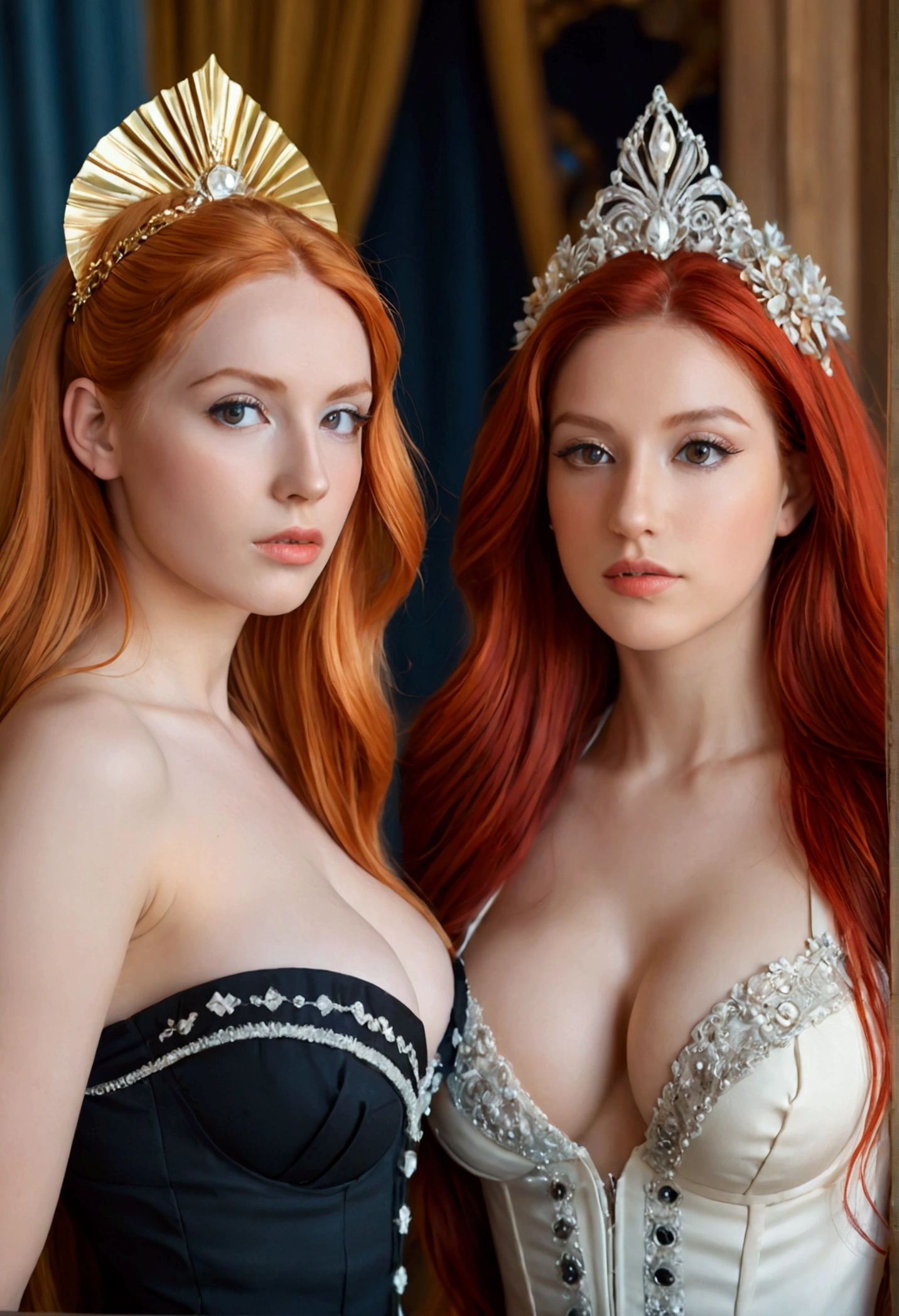 ultra realistic, photography, two women, one has long red hair, one has platinum blonde long hair, girl, 24 years old, hourglass figure, perfect body, Flirty look, extremely detailed artgerm, in the style artgerm, small breasts, facing the camera, Nikon z fx, lens 35 mm, blur background, they are inside an opera house, they wear fancy dresses, their hair is up