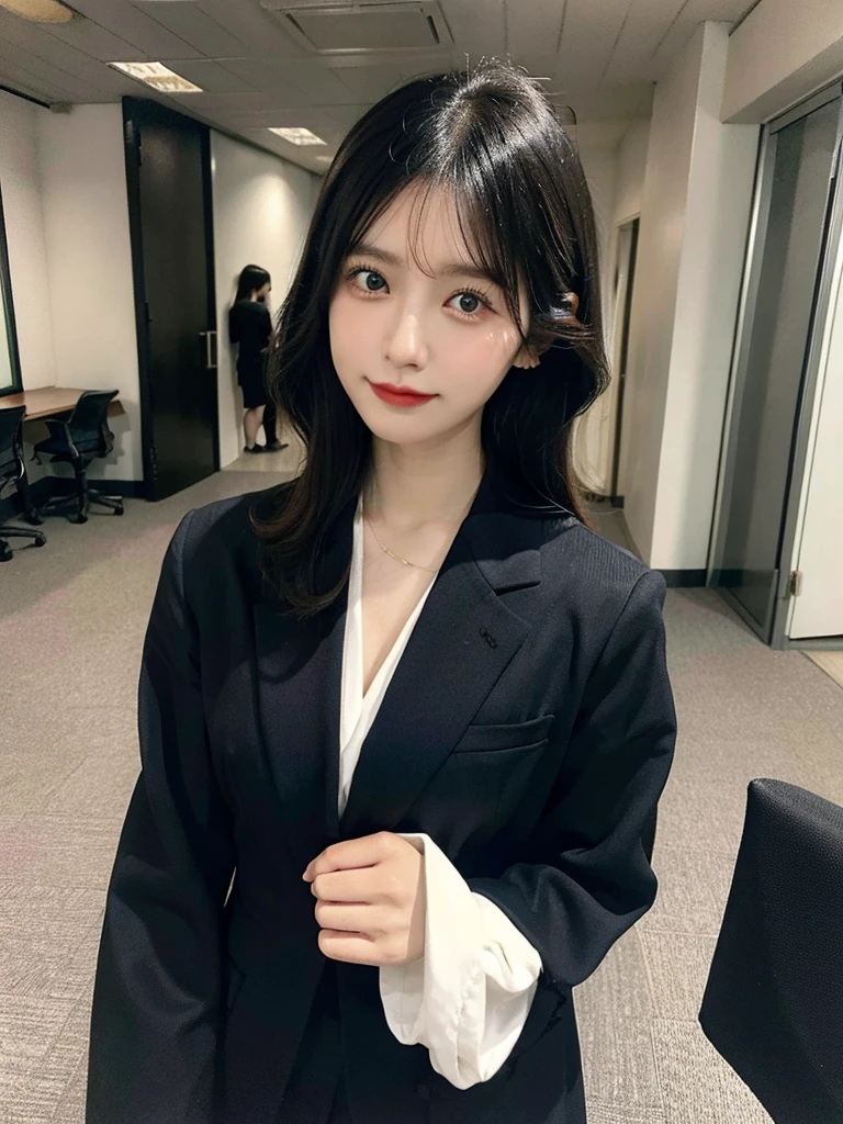 A black hair girl, Japanese, office suit, big office, tokoyo city, 
