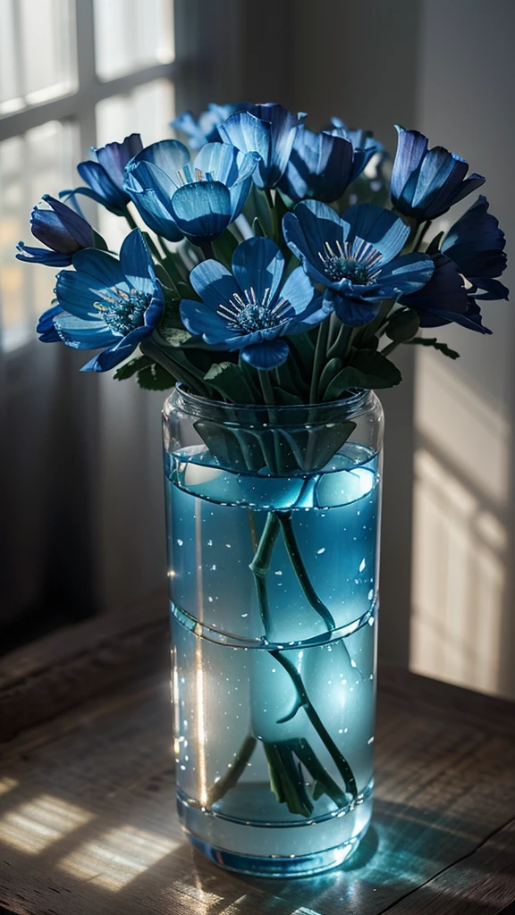 a bouquet of transparent luminescent anemone or blue cornflower flowers, transparent, surrounded by glimmering lights, beautiful ambient lighting, highly detailed, photorealistic, 8k, ultra-detailed, intricate floral arrangement, delicate petals, vivid colors, natural sunlight, depth of field, soft focus, cinematic mood