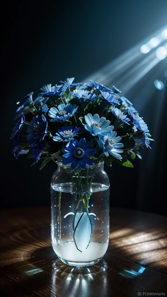 a bouquet of transparent luminescent anemone or blue cornflower flowers, transparent, surrounded by glimmering lights, beautiful ambient lighting, highly detailed, photorealistic, 8k, ultra-detailed, intricate floral arrangement, delicate petals, vivid colors, natural sunlight, depth of field, soft focus, cinematic mood