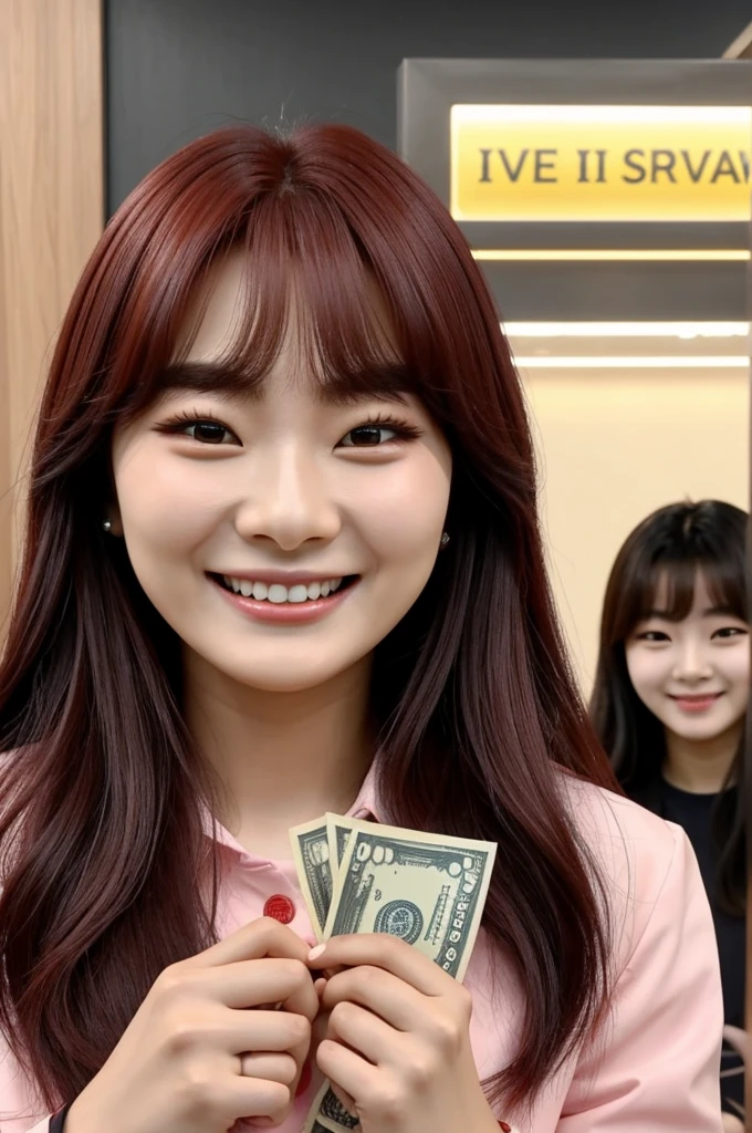 Seulgi from Red Velvet smiling while she has money in her hands and behind her there are 100 people who are competing to have Yujin from IVE as a girlfriend