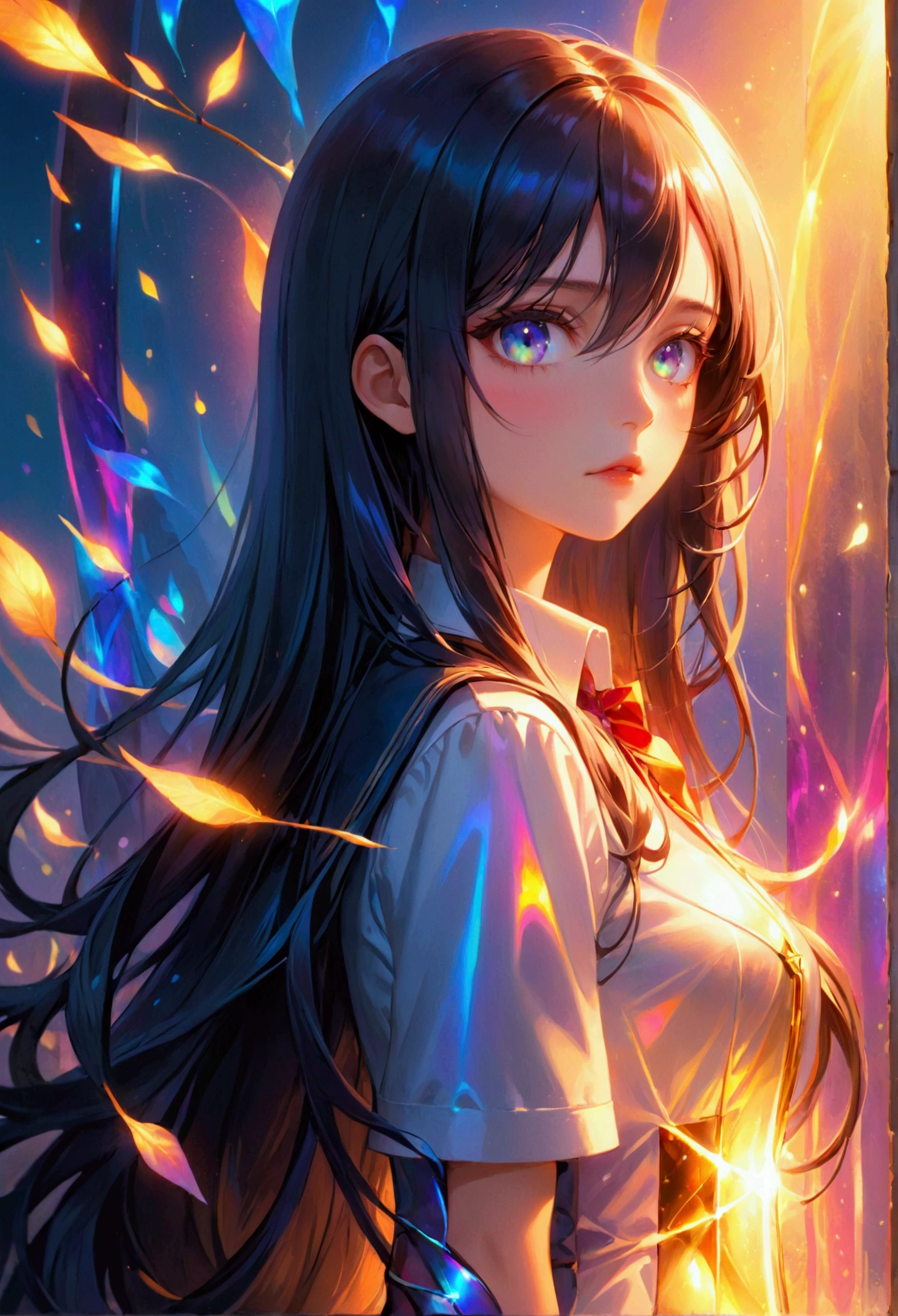 Long dark iridescent hair,iridescent eyes, hourglass body figure, tall,uniform