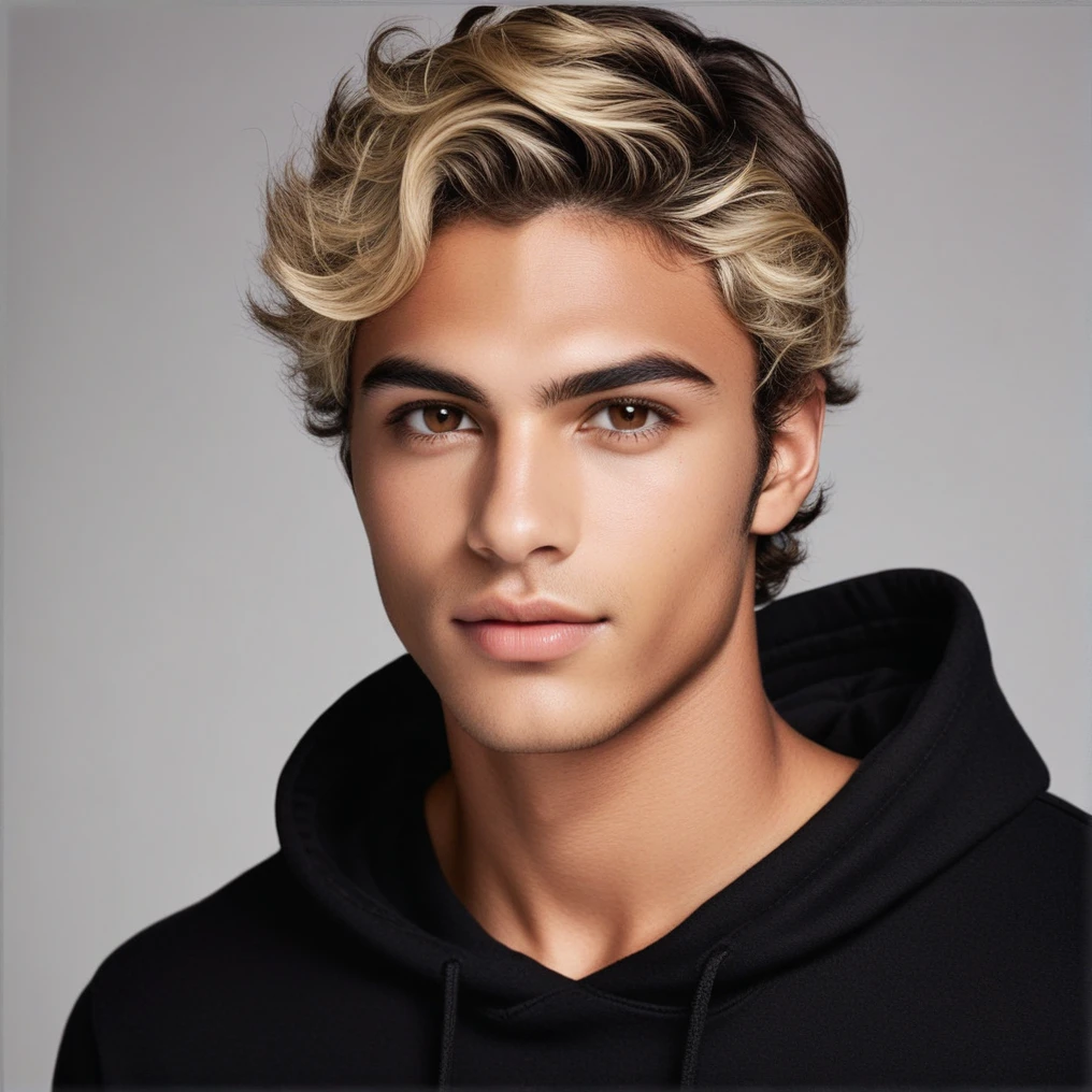 Make up a young adult male, Brazilian features, dark skin tone, short wavy dark blonde hair, dark brown eyes, blonde eyebrows with a small line in each eyebrow