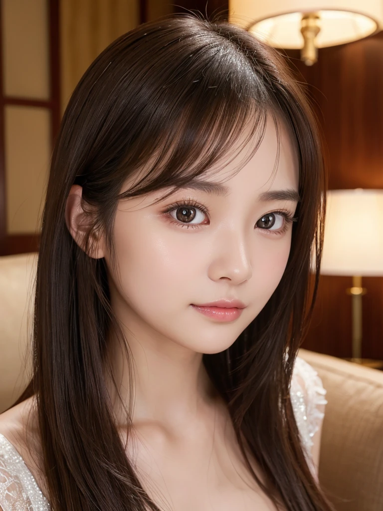 masterpiece、1 beautiful girl、 (reality: 1.4), Japanese、asian beauty、super beautiful、beautiful skin、thin、(超reality的な)、(High resolution)、(8K)、(very detailed)、(Super detailed)、big eyes、brown eyes、long eyelashes、detailed face、gloss lip,bright lighting、professional lighting、looking at the camera、half smile、look straight ahead、long hair、brown hair、Hotel、Nogizaka Idol、actress、20-year-old、big breasts、wet skin、silver latex suit、cleavage cutout、baby face、Moisturized and realistic skin texture、moist lips、natural shadows、sit on the sofa in the living room,spread your legs,Hotel,